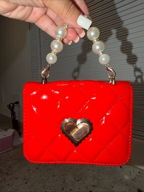 Red Quilted Heart-Accent Pearl Handle mini Toddler bag